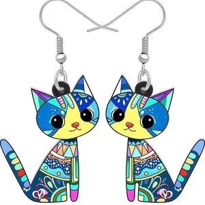 Whimsical Green and Blue Cat Earrings with Expressive Eyes